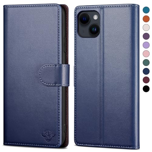 SkyDuck für iPhone 13 6.1" hülle PU Leder[RFID-Schutz] handyhülle für iPhone 13 6.1" Klapphülle Kartenfach mit 1 Gehärtetes Glas Schutzfolie,stoßfestes Handy hülle für iPhone 13 Case,Dunkelblau von SkyDuck