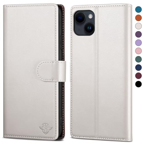 SkyDuck für iPhone 13 6.1" hülle PU Leder[RFID-Schutz] handyhülle für iPhone 13 6.1" Klapphülle Kartenfach mit 1 Gehärtetes Glas Schutzfolie,stoßfestes Handy hülle für iPhone 13 Case,Weiß von SkyDuck