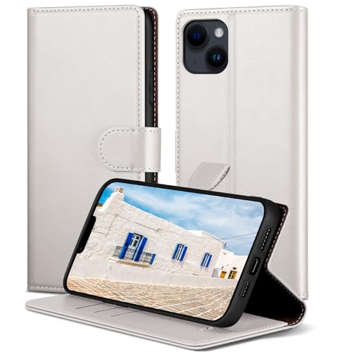 SkyDuck für iPhone 14 6.1" hülle PU Leder[RFID-Schutz] handyhülle für iPhone 14 6.1" Klapphülle Kartenfach mit 1 Gehärtetes Glas Schutzfolie,stoßfestes Handy hülle für iPhone 14 Case,Weiß von SkyDuck