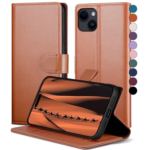 SkyDuck für iPhone 15 6.1" hülle PU Leder[RFID-Schutz] handyhülle für iPhone 15 6.1" Klapphülle Kartenfach mit 1 Gehärtetes Glas Schutzfolie,stoßfestes Handy hülle für iPhone 15 Case,Hellbraun von SkyDuck