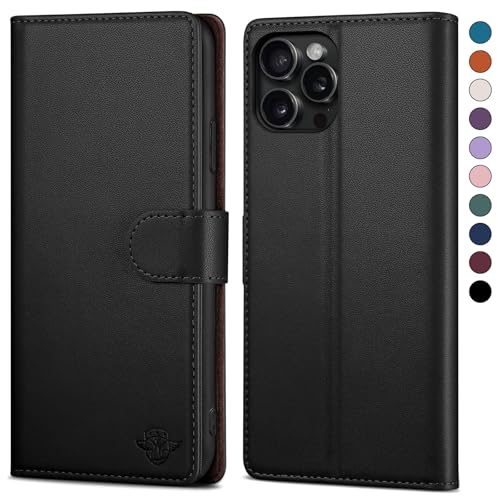 SkyDuck für iPhone 15 Pro 6.1" hülle PU Leder[RFID-Schutz] handyhülle für iPhone 15 Pro 6.1" Klapphülle Kartenfach,1 Gehärtetes Glas Schutzfolie,stoßfestes Handy hülle für iPhone 15 Pro Case,Schwarz von SkyDuck