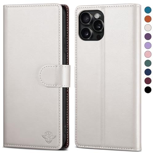 SkyDuck für iPhone 15 Pro 6.1" hülle PU Leder[RFID-Schutz] handyhülle für iPhone 15 Pro 6.1" Klapphülle Kartenfach mit 1 Gehärtetes Glas Schutzfolie,stoßfestes Handy hülle für iPhone 15 Pro Case,Weiß von SkyDuck