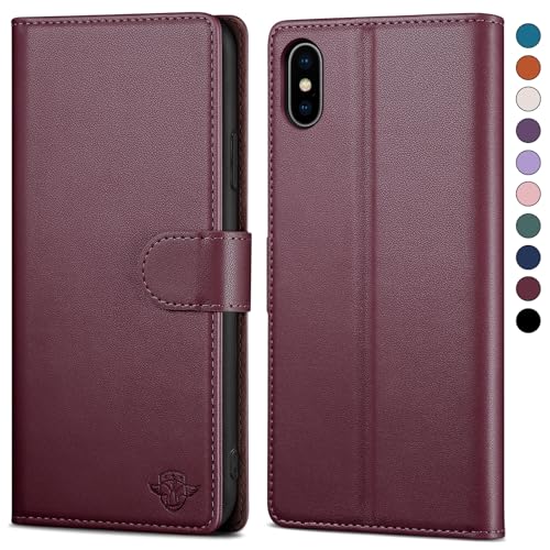 SkyDuck für iPhone X/XS 5.8" hülle PU Leder[RFID-Schutz] handyhülle für iPhone X Klapphülle Kartenfach mit 1 Gehärtetes Glas Schutzfolie,stoßfestes Handy hülle für iPhone XS Case,Rotwein von SkyDuck