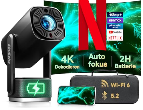 Beamer Mit Akku 【 ±270° Drehbar/Autofokus/Trapezkorrektur 】 K2 Smart Projektor Mit WiFi Und Bluetooth, FüR Schlafzimmer Decke DraußEn Tragbar Film UnterstüTzt 1080p 4k Videowiedergabe (Schwarz) von SkyEcho