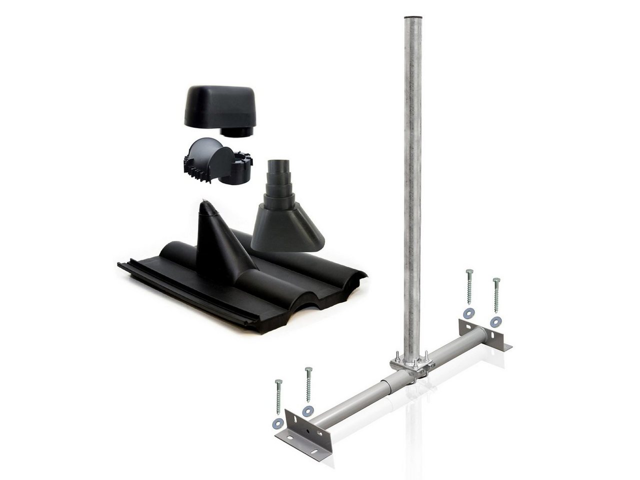 SkyRevolt Dachsparrenhalter 1m Mast 60mm Frankfurter Ziegel schwarz Mastkappe SAT-Halterung SkyRevolt Dachsparrenhalter 1m Mast 60mm Frankfurter Ziegel schwarz Mastkappe SAT-Halterung von SkyRevolt