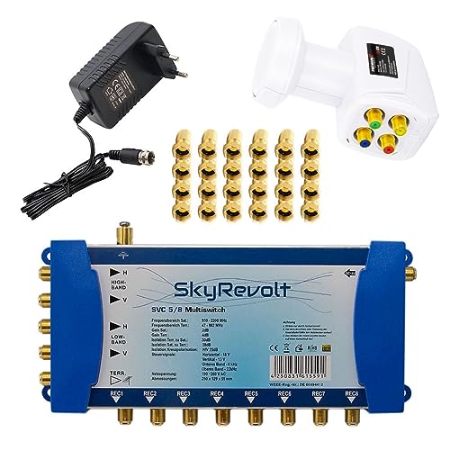 SkyRevolt Satelliten Multischalter 5/8 Set PremiumX Quattro LNB 24x F-Stecker 1 SAT bis 8 TV-Anschlüsse Satverteiler HD 4K UHD 8K von SkyRevolt