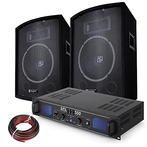 SkyTec - DJ Lautsprecher Set, Mobile PA Anlage Komplettset, 500 Watt, DJ Set Komplett, 2X Vonyx SL10 Lautsprecher 8Ohm,10 Zoll, 1x SkyTex SPL-500EG PA Verstärker, PA System, DJ Anlage für Beginner von SkyTec