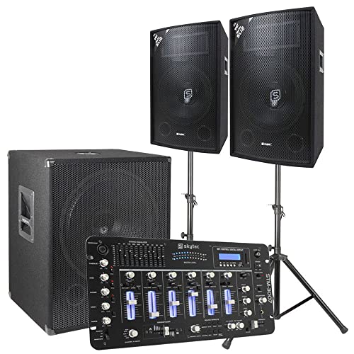 Vonyx 2.1 DJ Lautsprecher Set, Mobile PA Anlage Komplettset, 1600 Watt DJ Boxen, Beschallungsanlage Komplett Set, 2X Top-Speaker, 1x Subwoofer, Bluetooth Mischpult, Kabel, Boxenständer, Tasche von SkyTec