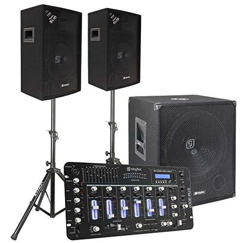 Vonyx 2.1 DJ PA Lautsprecher Set, Mobile PA Anlage Komplettset, Soundsystem, DJ Boxen DJ Set komplett, 1100 Watt mit Subwoofer und Stativ, Aktiv PA Lautsprecher Aktiv Set, Musik Anlage von SkyTec