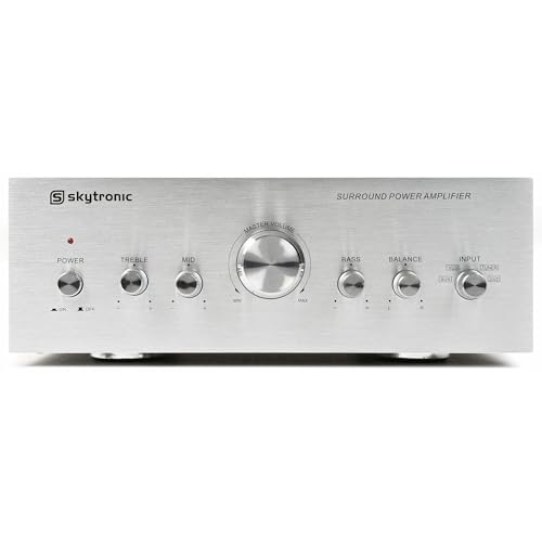 Skytronic AV400 Mini Verstärker HiFi 4 Kanal 400 Watt Vollverstärker Stereo HiFi, kompakt, 4X RCA Cinch Eingänge, DVD, CD, Tuner, Regler Balance, High, Bass, Mid, klassischer Soundverstärker - Silber von SkyTronic