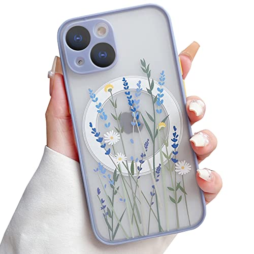 Skyseaco Schutzhülle für iPhone 13 Mini, kompatibel mit MagSafe für klare, mattierte PC-Rückseite, Blumen-Design, stoßfest, Blumen-Design, Schutzhülle für Frauen und Mädchen, Lavendelblüten/Violett von Skyseaco
