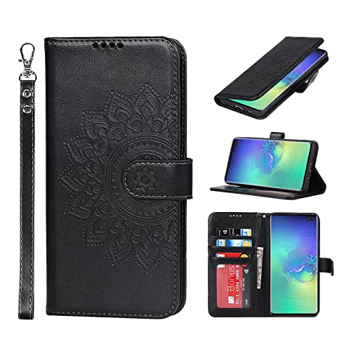 Copmob Samsung S10 Plus Hülle Mit Band,Flip Leder Blumen Geldbörse Handyhülle,[4 Kartenfach][Ständerfunktion][Magnetverschluss],Klapphülle Schutzhülle Handyhülle für Samsung Galaxy S10 Plus - Schwarz von Skyvov