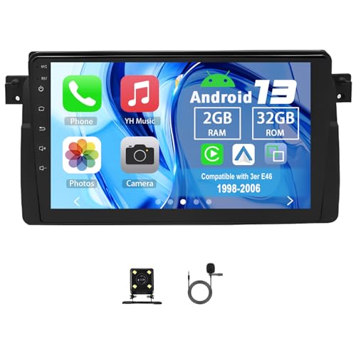 Slakerbe Android 13 Autoradio 2 Din mit Carplay Android Auto kompatibel mit 3er E46 1998-2006, 2G+32G 9 Zoll Auto Radio Stereo mit Bluetooth Navi WiFi FM RDS Rückfahrkamera von Slakerbe