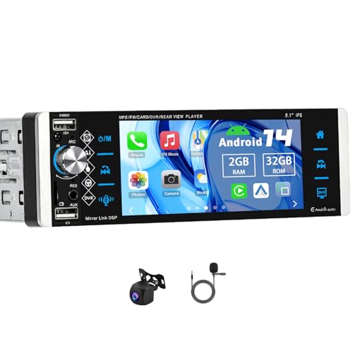 Slakerbe Android 14 Autoradio 1 Din mit Carplay Android Auto, 2G+32G 5.1 Zoll Auto Radio Stereo mit Bluetooth Freisprecheinrichtung Navi WiFi FM RDS Rückfahrkamera Mic Slakerbe Android 14 Autoradio 1 Din mit Carplay Android Auto, 2G+32G 5.1 Zoll Auto Radio Stereo mit Bluetooth Freisprecheinrichtung Navi WiFi FM RDS Rückfahrkamera Mic von Slakerbe