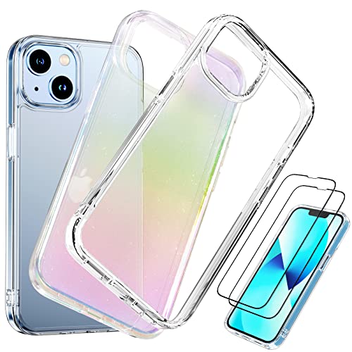 Slopow 2 Pack Kompatibel für iPhone 13/14 Hülle 2pcs mit Schutzfolie Anti-Gelb Extrem Stoßfest Kratzfestigkeit Handyhülle iPhone 13/14 Case (iPhone 14 (Farblaser Glänzend + Transparent)) von Slopow