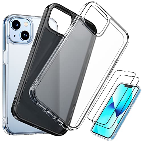 Slopow 2 Pack Kompatibel für iPhone 13/14 Hülle 2pcs mit Schutzfolie Anti-Gelb Extrem Stoßfest Kratzfestigkeit Handyhülle iPhone 13/14 Case (iPhone 14 (klar Gefrostet + Schwarz Gefrostet)) von Slopow