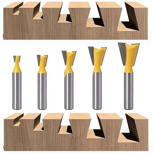 Slukueda 5 Stück 8 mm Schaft Schwalbenschwanz Fräser, 1/4" 1/2" 3/8" 5/8" 3/4" Schwalbenschwanz Fräser Bohrersets für Oberfräse Solid Wood von Slukueda
