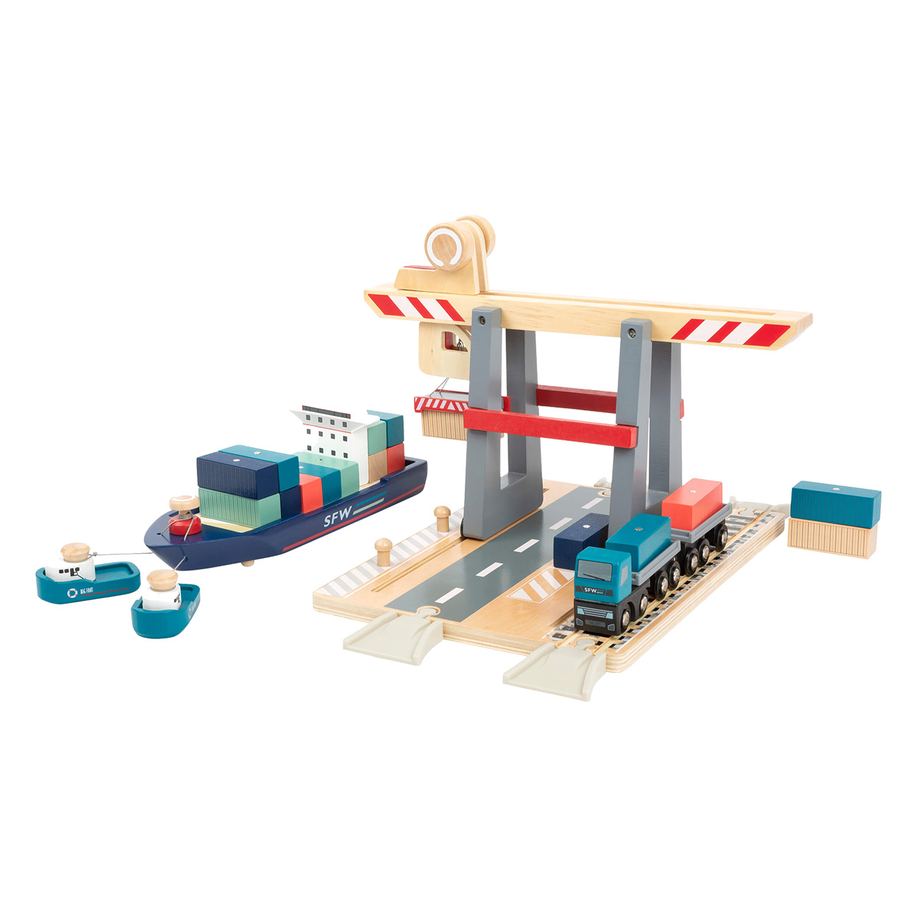 Small Foot Container Terminal 11378 | Containerbr?cke mit Rollen | beweglicher Flaschenzug | zwei magnetische Anh?nger | bunte Container | FSC100% von Small Foot