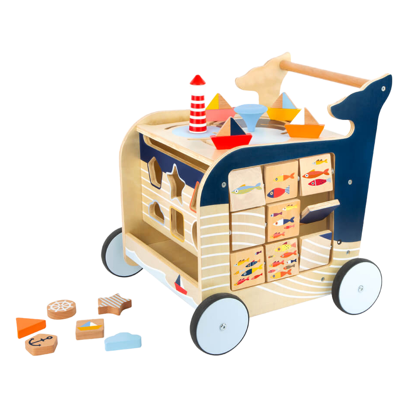 Small Foot Lauflernwagen Wal 11608 | ab 1 Jahr | Holzspielzeug | Lauflernhilfe | Motorik | kl?ppchenspiel | gummierte R?der | aufklappbaren Deckel von Small Foot