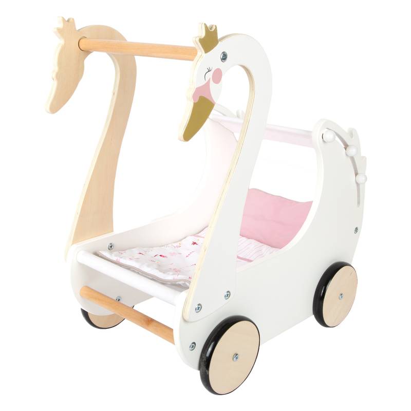 Small Foot Schwan 12283 | Puppenwagen | Aufspannbares Verdeck | Gummierte R?der |  sicheres Fahrvergn?gen | Schutz empfindlicher B?den | aus Holz von Small Foot