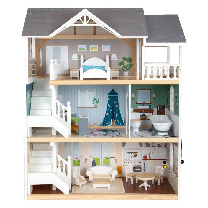 Smallfoot Puppenhaus Stadtvilla | Material: Holz/Kunststoff/Stoff | 20 Teile | 3 Etagen, 2 Treppen | 5 R?ume und Terrasse | echte Glocke zum Klingeln von Small Foot