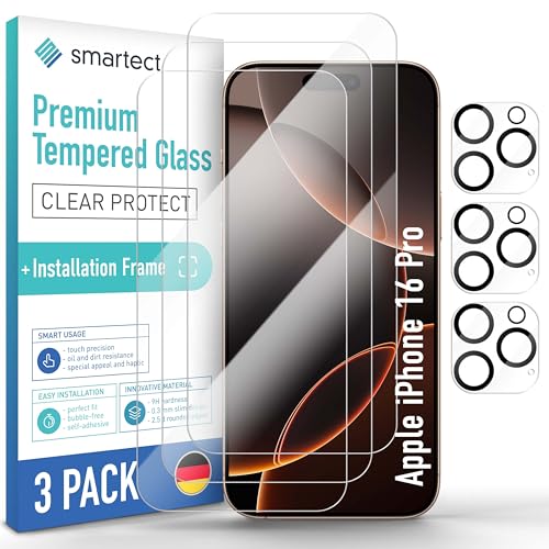 SmarTect Schutzglas [3 + 3 Stück, Klar] kompatibel mit iPhone 16 Pro, Display + Kamera, inkl. Positionierhilfe, HD Schutzfolie Anti-Kratzer, Blasenfrei, 9H Härte, 0.3 mm Ultra-klar von SmarTect