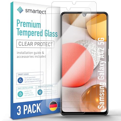 SmarTect Schutzglas [3 STÜCK - KLAR] kompatibel mit Samsung Galaxy A42 5G - Tempered Glass 9H - Schutzfolie blasenfrei - Display Glas Anti Fingerabdruck von SmarTect