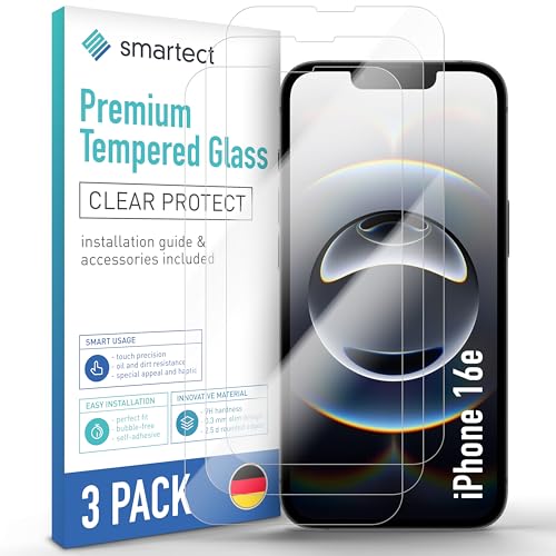 SmarTect Schutzglas [3 Stück, Klar] kompatibel mit iPhone 16e, HD Schutzfolie Anti-Kratzer, Blasenfrei, 9H Härte, 0.3 mm Ultra-klar, Ultrabeständig von SmarTect
