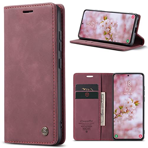 SmartLegend Handyhülle für Samsung Galaxy S22 5G Hülle Premium Leder Ständerfunktion Kartenfach PU Flip Magnet Wallet Klapphülle Silikon Bumper Schutzhülle für S22 Tasche 6.1"- Wein Rot von SmartLegend