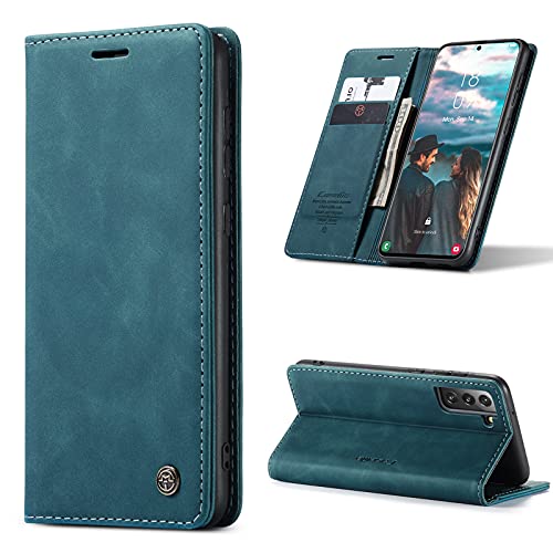 SmartLegend Schutzhülle für Samsung Galaxy S21 FE 5G, Leder, Premium-PU-Geldbörse, [Magnet] [Kartenfächer] [Standfunktion ] Schutzhülle mit Klappdeckel für S21 FE – Blau/Grün von SmartLegend