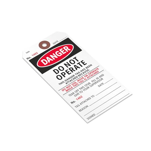SmartSign 100 Stück "Danger Do Not Operate, Move Or Use 2-teilige Etiketten mit verstärktem Faser-Patch, 7,6 x 14,6 cm, 13pt Karton mit Perforation, OSHA-konform, beschreibbar, rot/schwarz/weiß, von SmartSign