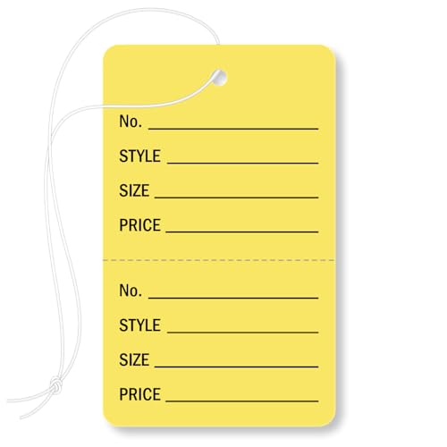 SmartSign Gelbe 2-teilige perforierte Kleideranhänger mit Schnüren, 7,3 x 4,4 cm, 12-Punkt-Karton-Etiketten, beschreibbar, vorgedruckte Felder in Schwarz, Nr. / Stil / Größe / Preis, abgerundete Ecken von SmartSign