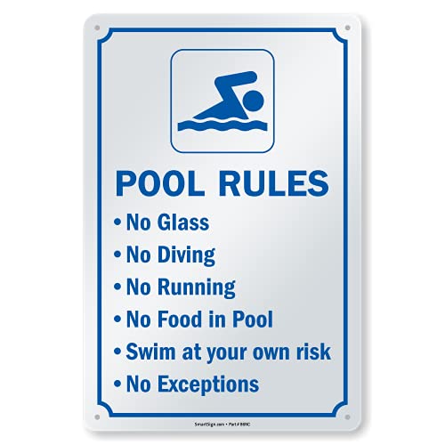 SmartSign 38,1 x 25,4 cm Schild mit Symbol "Pool Rules - No Glass, No Diving, No Running, No Food In Pool, Swim At Your Own Risk, No Exceptions", digital bedruckt, 55 mm HDPE-Kunststoff, blau und weiß von SmartSign