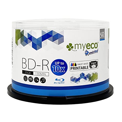 Myeco Bd-r BDR Blu-ray (25 GB, bis zu 10 x weiße Inkjet-Hub, bedruckbar, blanko, Daten-Aufnahmefunktion, mit Cakebox/Spindelverpackung, 50 Stück von Smartbuy