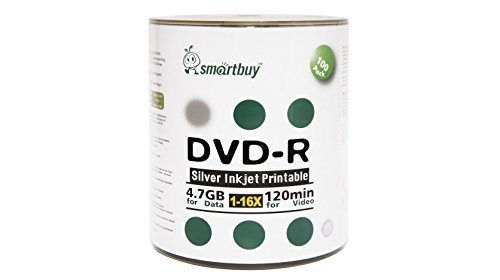 Smart 100 Paket kaufen, DVD-R 4,7 GB 16 x Silber bedruckbar Inkjet blanko Schallplatten, 100 Disc 100PK von Smartbuy