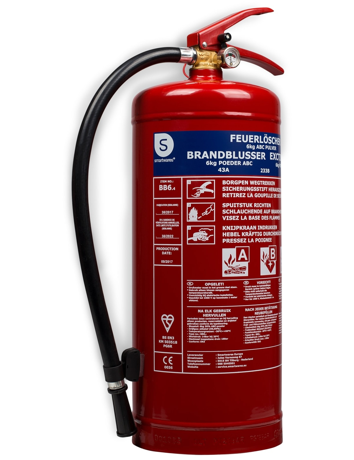 Feuerlöscher, Pulver, 6 Kg, Brandklasse 43A, 223B, C Feuerlöscher, Pulver, 6 Kg, Brandklasse 43A, 223B, C von Smartwares Europe