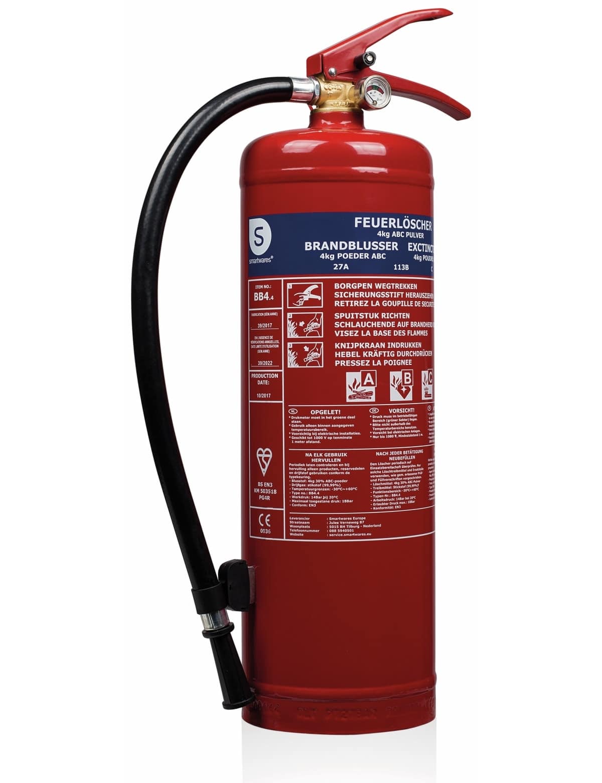 SMARTWARES Feuerlöscher, Pulver, 4 kg, Brandklasse 27A, 113B,C von Smartwares