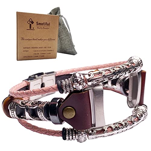 Smatiful Charge 5 Stylish Strap for Girls,Genuine Leather, Stainless Steel Clip Parts, Adjustable Parts Slim/Small/Medium/XL Band for Fitbit Charge 5 Stylish, Rose Floral Pink von Smatiful