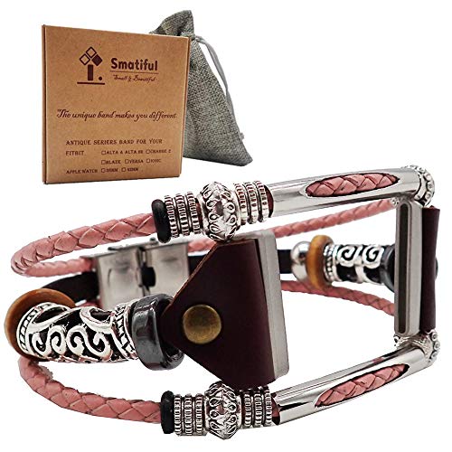 Smatiful Versa 3 Strap for Girls,Genuine Leather, Non Waterproof,Stainless Steel Clip Parts (NOT Gold), Adjustable Replacement Parts Band for Fitbit Sense & Versa 3, Rose Floral Pink von Smatiful