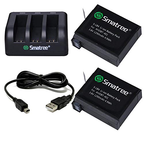 Smatree Ersatzakku (2 Stück), 3-Kanal-Ladegerät mit USB-Kabel für GoPro Hero 4 Kamera Camcorder von Smatree
