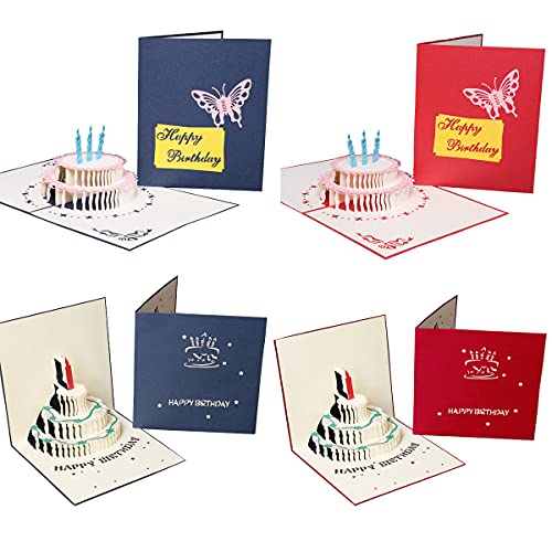 Smavles 3D Pop Up Grußkarten Geburtstag 4 Stück Glückwunschkarte Geburtstagskarte mit Schönen Kuchen Papier-Cut Design Blau und Rot Gefaltete Karte für Familie, Freunde, Kollegen, Kinder, Eltern von Smavles