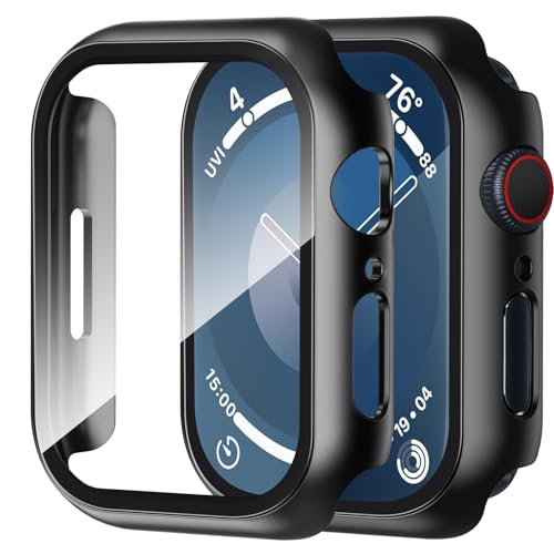 Smiling 2 x Schutzhülle aus gehärtetem Glas, kompatibel mit Apple Watch SE 2/SE/Serie 6/Serie 5/Serie 4, 44 mm, harte PC-Hülle, Gesamtschutzabdeckung, Schwarz von Smiling