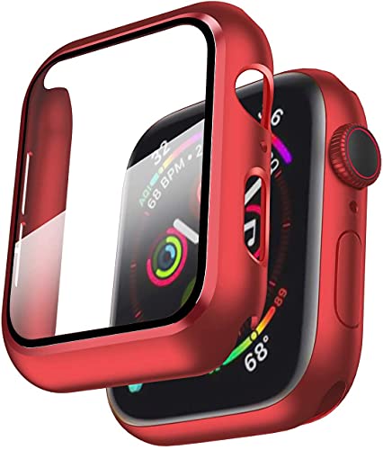 Smiling Schutzhülle kompatibel mit Apple Watch Serie 6/SE/Serie 5/Serie 4, 44 mm mit eingebautem Displayschutz aus gehärtetem Glas, insgesamt schützende Harte PC-Hülle, ultradünne Abdeckung, Rot von Smiling