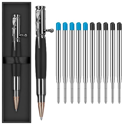 Smivyhp Bolt Action Pen, 1mm Unterschrift Kugelschreiber, Metall Kugelschreiber mit 10 Auswechselbare Mine und 1 Schwarz Geschenk Box(Schwarz) von Smivyhp
