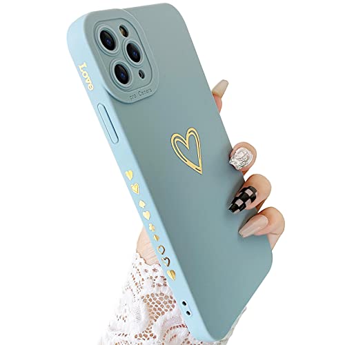 SmoBea Kompatibel mit iPhone 11 Pro Hülle, niedliche goldene Herzmuster Handyhülle für Frauen Mädchen mit seitlichem kleinem Liebesmuster Silikon Schutzhülle stoßfest (hellblau) von SmoBea
