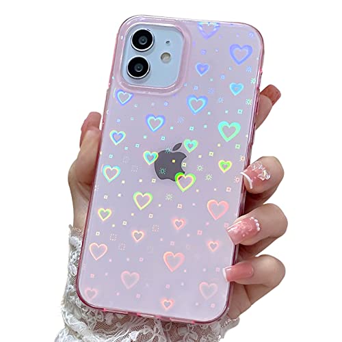 SmoBea Kompatibel mit iPhone 12 Mini Hülle, Klares Glitzer Holographisches Laser Liebes Herz Muster, Weiches TPU und Harter PC Stoßfest Modische Schlanke Schutzhülle für Mädchen/Damen（Rosa） von SmoBea