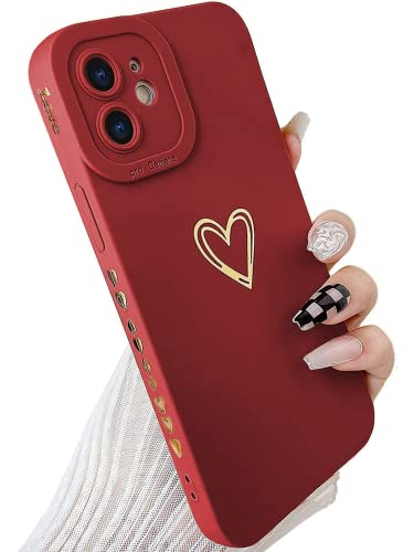 SmoBea Kompatibel mit iPhone 12 Mini Hülle, niedliche Goldfarbene Herzmuster Handyhülle für Frauen Mädchen mit seitlichem kleinem Liebesmuster Silikon Schutzhülle stoßfest (rot) von SmoBea