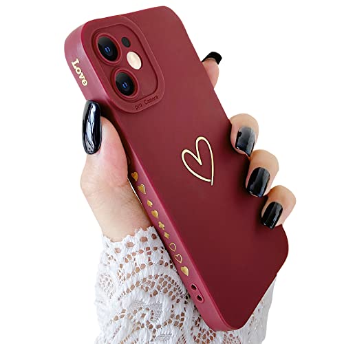 SmoBea Kompatibel mit iPhone 12 Mini Hülle, niedliche Goldfarbene Herzmuster Handyhülle für Frauen Mädchen mit seitlichem kleinem Liebesmuster Silikon Schutzhülle stoßfest (rot) von SmoBea