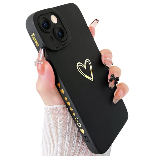 SmoBea Kompatibel mit iPhone 13 Mini Hülle, niedliche Goldfarbene Herzmuster Handyhülle für Frauen Mädchen mit seitlichem kleinem Liebesmuster Silikon Schutzhülle stoßfest (schwarz) von SmoBea