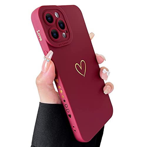 SmoBea Kompatibel mit iPhone 13 Pro Hülle, niedliche Goldfarbene Herzmuster Handyhülle für Frauen Mädchen mit seitlichem kleinem Liebesmuster Silikon Schutzhülle stoßfest (rot) von SmoBea